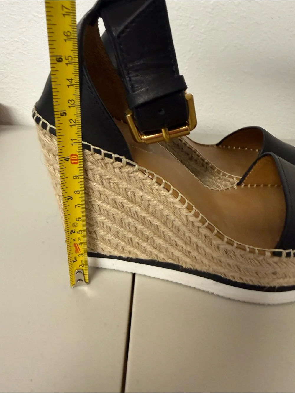See By Chloé Glyn Black Leather Espadrille Wedge Sandals Size 8 / 38